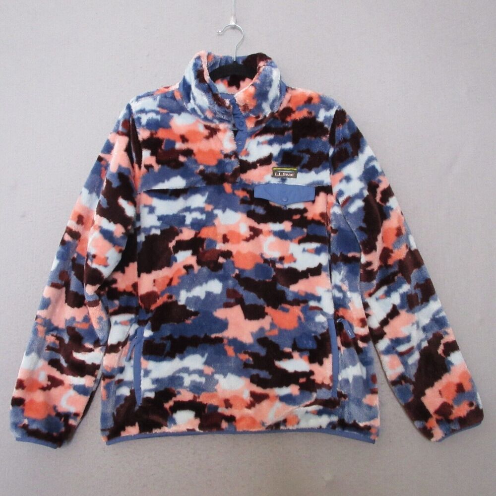 LL Bean Pullover High Pile Camo Print Fleece Pink Blue Snap Outdoor